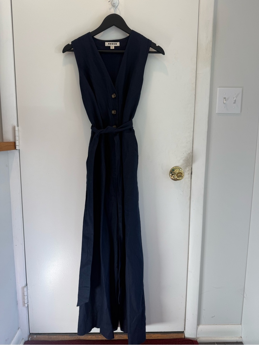 Boden Navy Sleeveless Button-Front Jumpsuit with Waist Tie